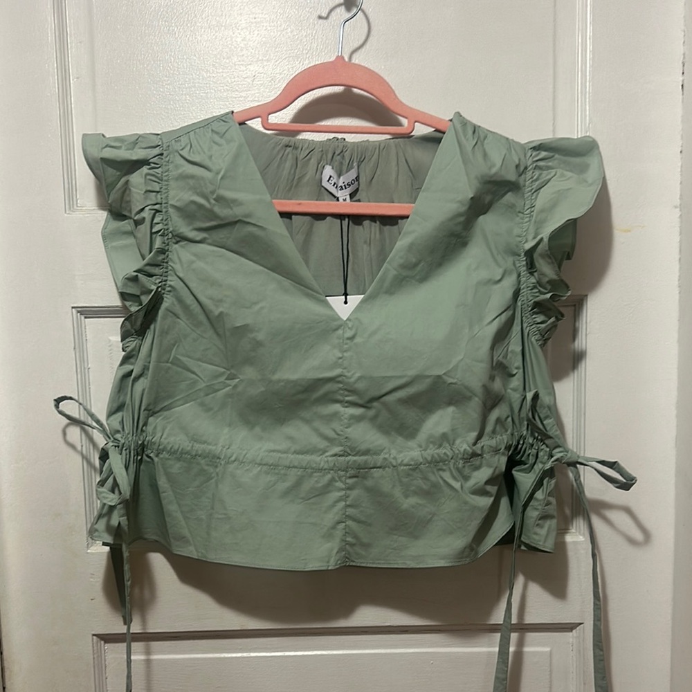 En Saison Green Ruffle Sleeve Top